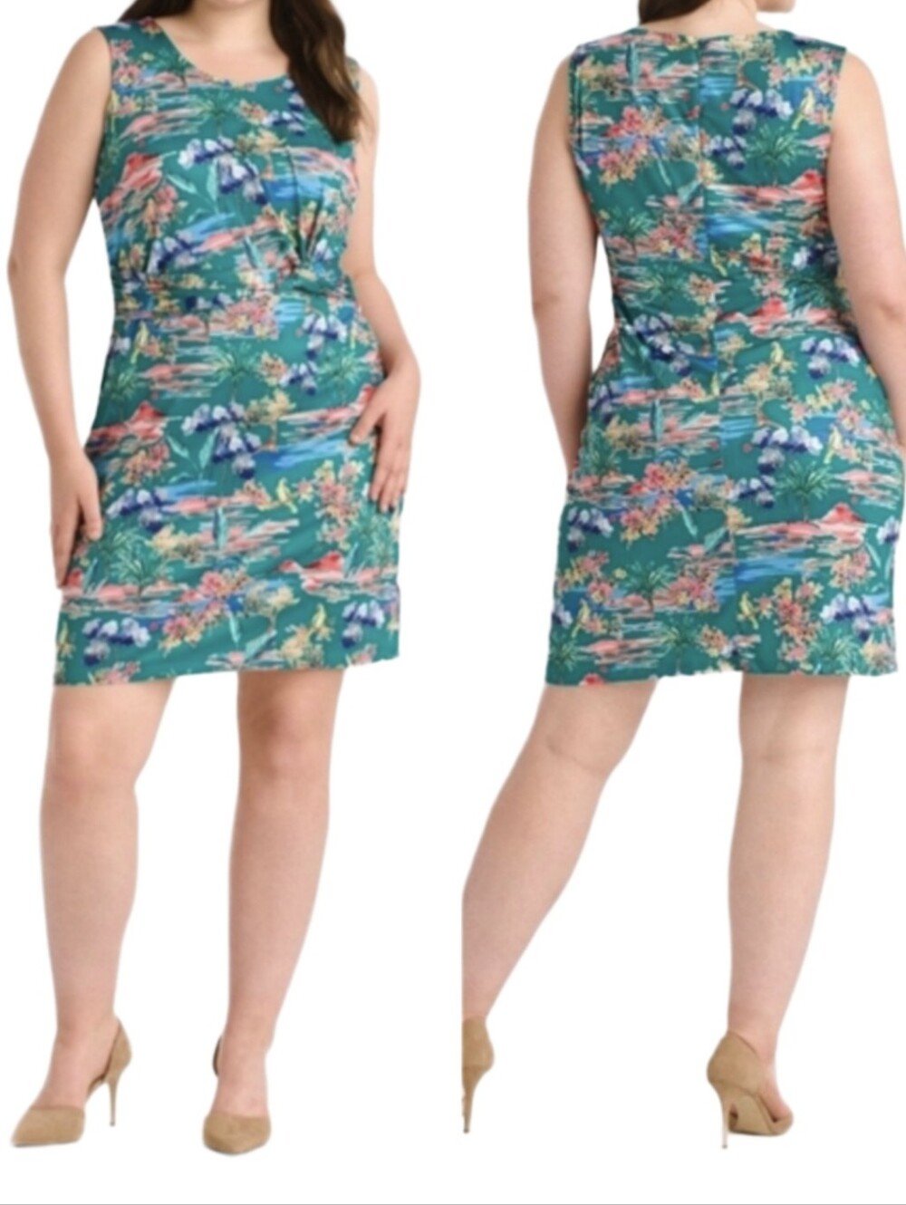 Yumi Womens Green Floral Bird Tropical Print Front Twist Sheath Dress Size 18